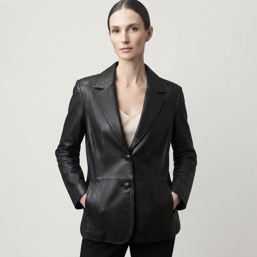 Valerie Stevens Womens XL Black 100% Genuine Leather Blazer Jacket Tailored